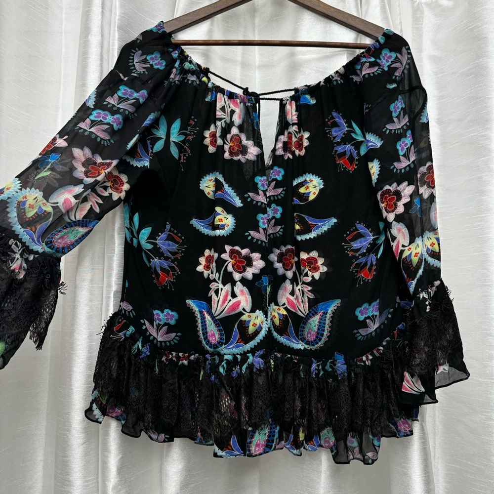 TRYB Anthropologie Floral Lace Silk Top Size Large